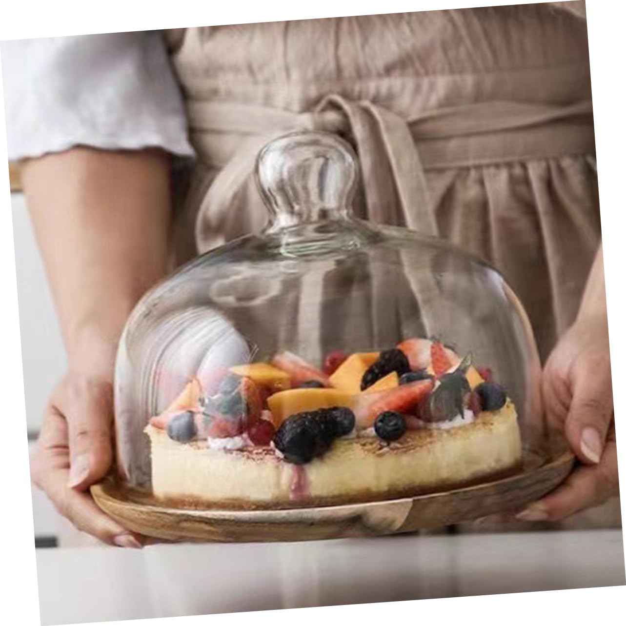 Alzata per Dolci in Vetro Base in Legno e Cupola, Vassoio per Torta e Dessert, per Matrimoni e Compleanni
