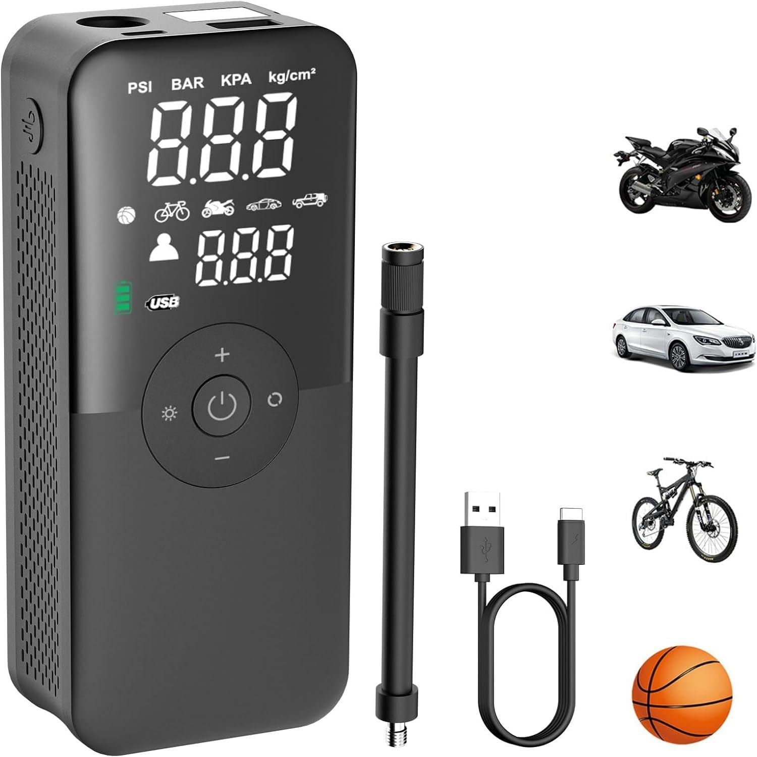Portable Tire Inflator Air Compressor, 150PSI Cordless Air Pump, Rechargeable Battery Powered Pump for Car Tires, Motorcycles, Bikes, Balls, with LED Light & Power Bank
