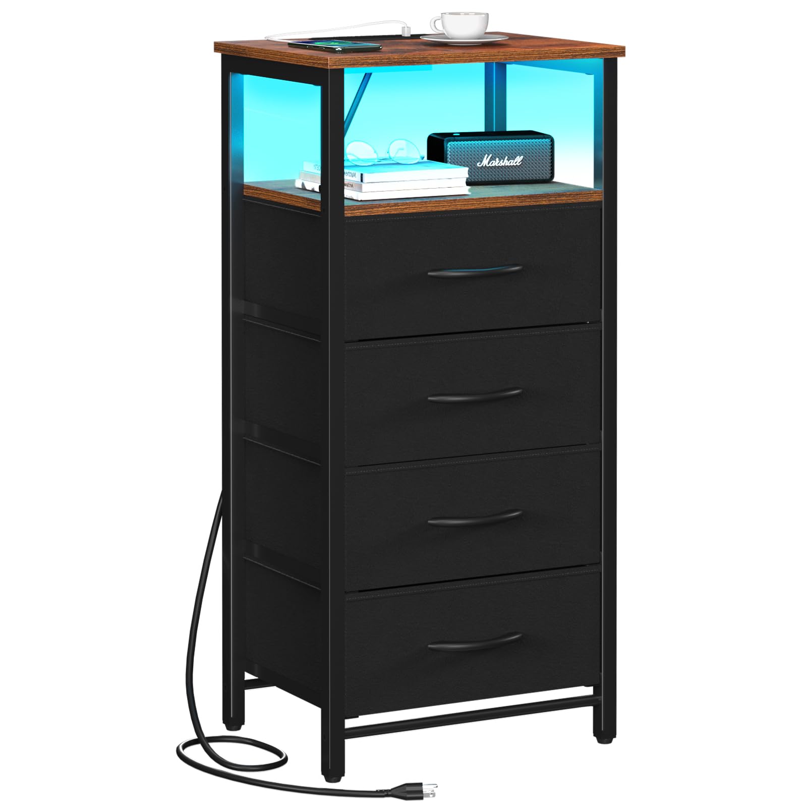 Yoobure Night Stand - LED Nightstand with Charging Station, Tall Dresser for Bedroom, Bedside Table with 4 Fabric Storage Drawers and Storage Shelf,