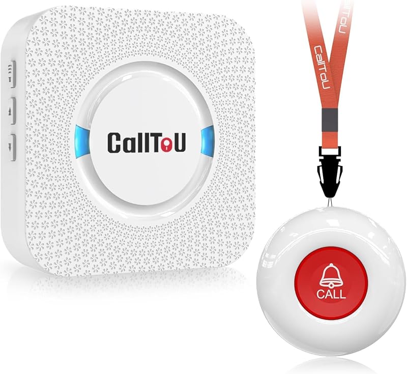 CallToU Caregiver Pager Wireless Call Button Nurse Alert System 500+ Feet for Home/Elderly/Patient/Disabled 1 Plugin Receiver 1 Waterproof Transmitter