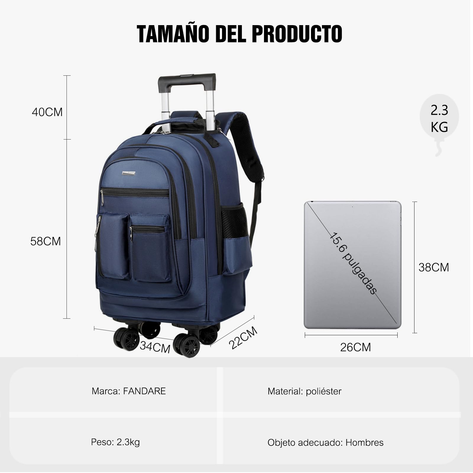 FANDARE 35L Trolleys para portátiles Maletín para 15.6 Pulgadas laptop 2 en 1 Mochila con ruedas Trolley de viaje Bolsa con Ruedas Hombre Maletines Bolso para Negocio Trabajo Universidad Maestra