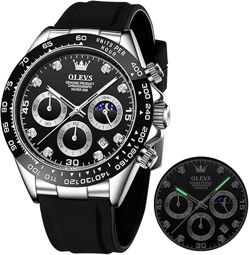 OLEVS - Relojes para hombre, de negocios, con diamantes, fase lunar, cronógrafo, de moda, para vestir, impermeable, con fecha, analógico, de cuarzo,