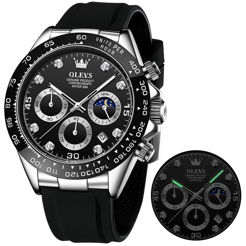 OLEVSWatches for Men Business Diamond Moon Phase Male Watch Chronograph Fashion Dress Waterproof Date Analog Quartz Waterproof Men Wrist Watch