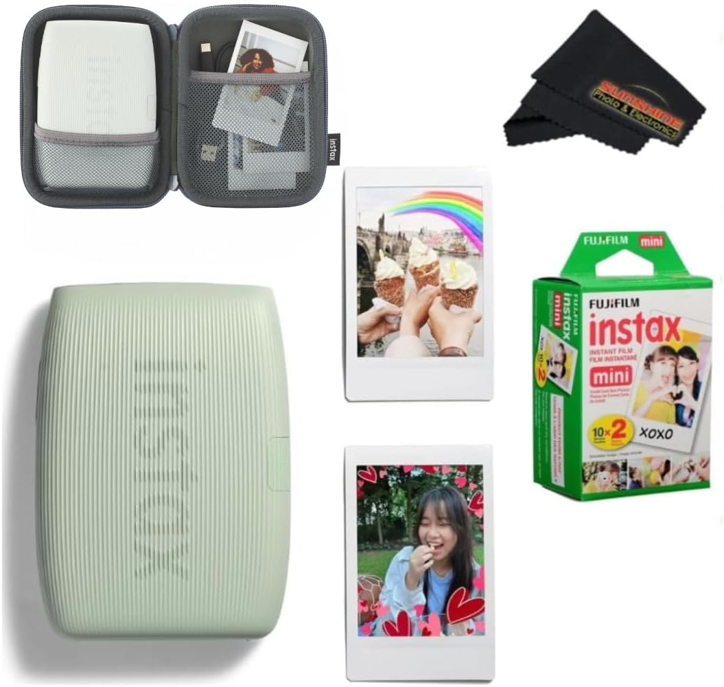 Fujifilm INSTAX Mini Link 3 Smartphone Printer with INSTAX Mini Instant Film and Sunshine Microfiber Cleaning Cloth... (1 Twin Pack (20 Sheets), Sage Green)