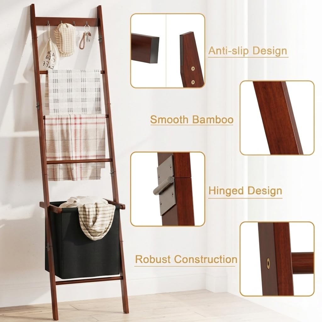 BAMBANG Escalera de manta con cesta, soporte para edredón de 5 niveles, toallero con 4 ganchos para sala de estar, estante decorativo inclinado de pared con cesta de almacenamiento, marrón bambú