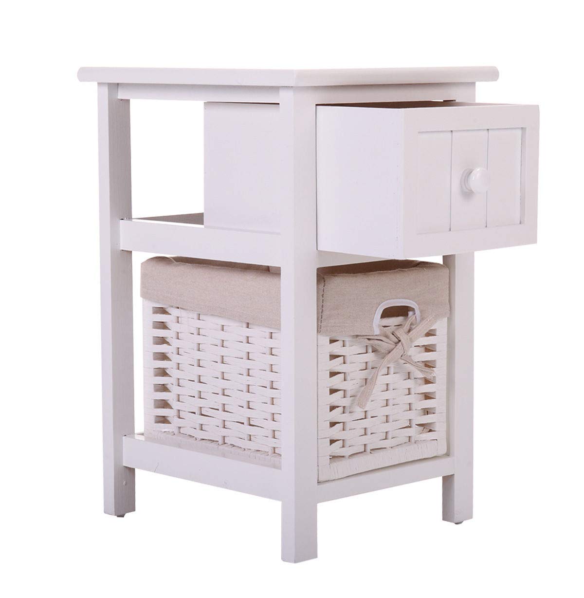 Amazon Com Pair Of White Wooden End Side Bedside Table With 1 Drawer Storage W 1 Basket Nightstand Kitchen Dining