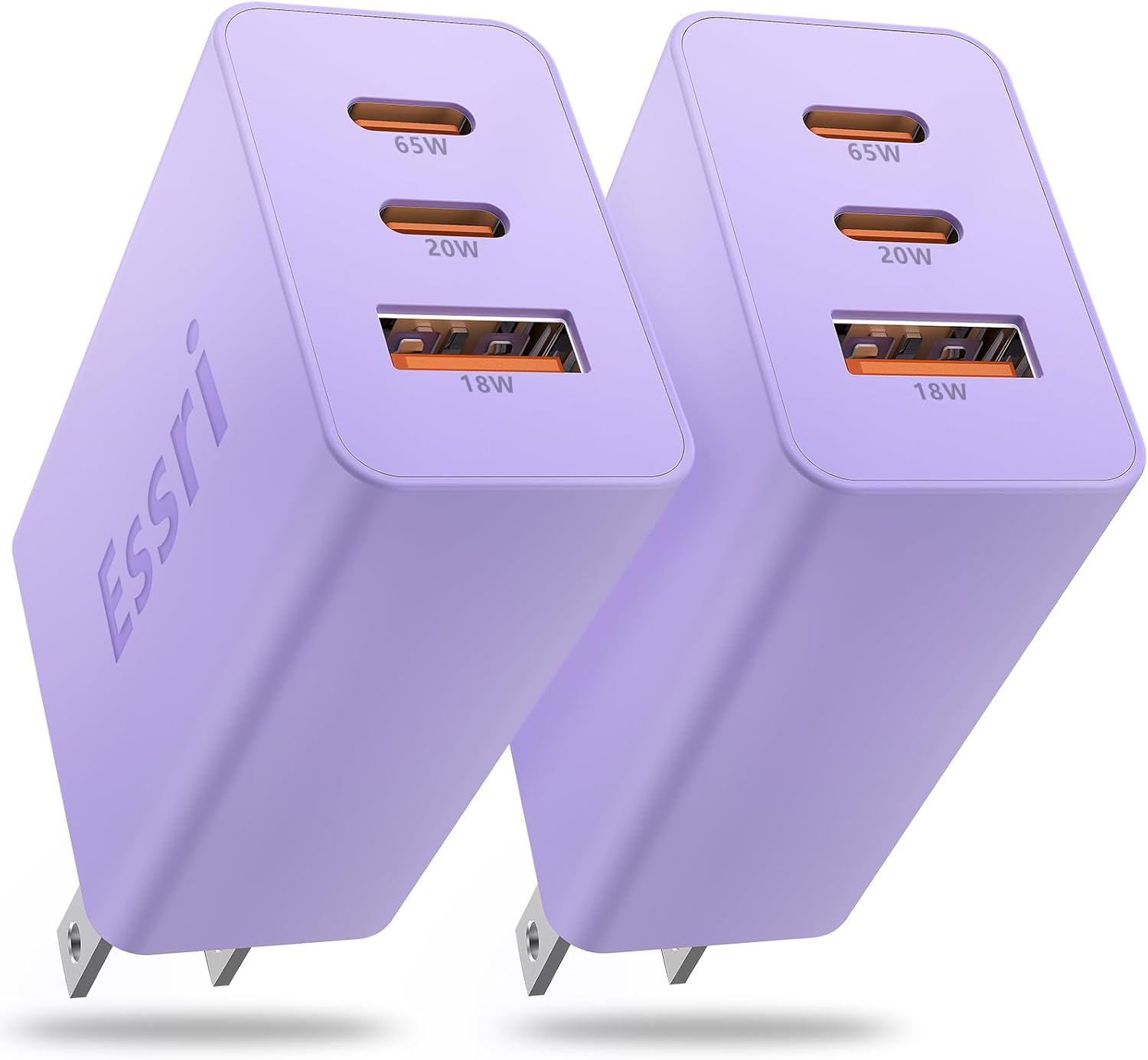 Essri 2-Pack 65W USB C Charger Block, 3-Port PD 3.0 Fast Charging Wall Plug Power Adapter with 65W Type C Ports for iPhone 17/16/15/14/13 Pro Max,for iPad Pro/Air/Mini,Galaxy S26 / S25 and More-Purple