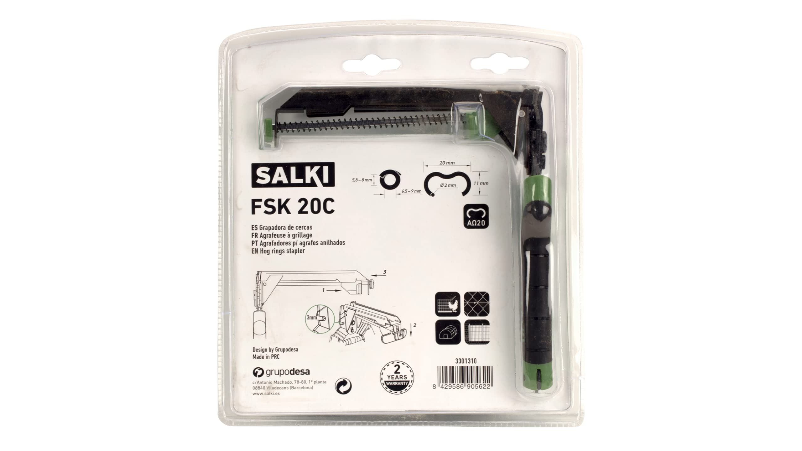 SALKI | Agrafeuse pour Clôtures avec Chargeur FSK20C | Pinces pour Clôtures | Coupeur de Câbles Incorporé | Compatible avec les Agrafes Ω20 et HR22