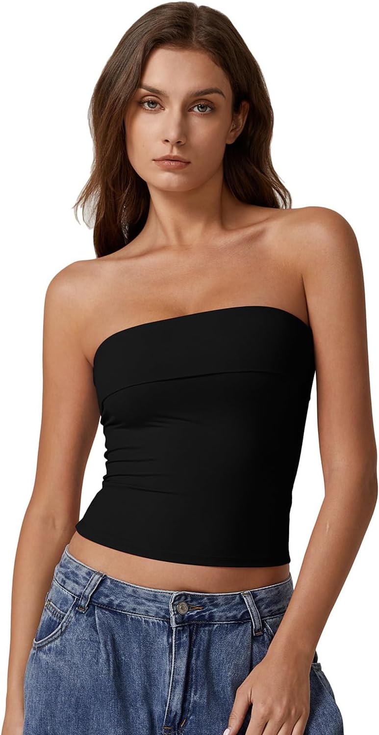 QINSEN Women's Tube Tops Strapless Bandeau Tops Double Lined Slim Fit Summer Going Out Tank Tops - Image 4