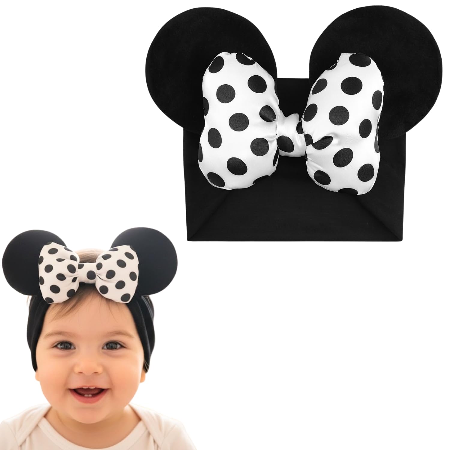 Baby Girls Cute Polka Dot Bow Headband with Soft Stretchy Band and Round Ears, Comfortable Hair Accessory for Newborns, Infants & Toddlers (Black)-image-41