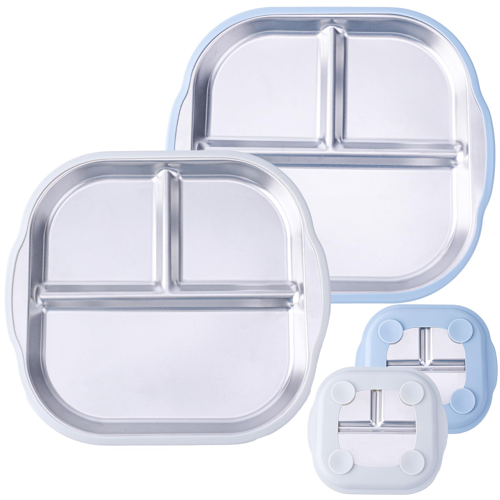 BOXOB 2pcs Stainless Steel Baby Plates with Suction Belt, 3 Partitions Divided Baby Plates Non-Slip Metal Toddler Bowls Partitioned Kid Food Tray, Prevent from Spilling & Flipping Accessories