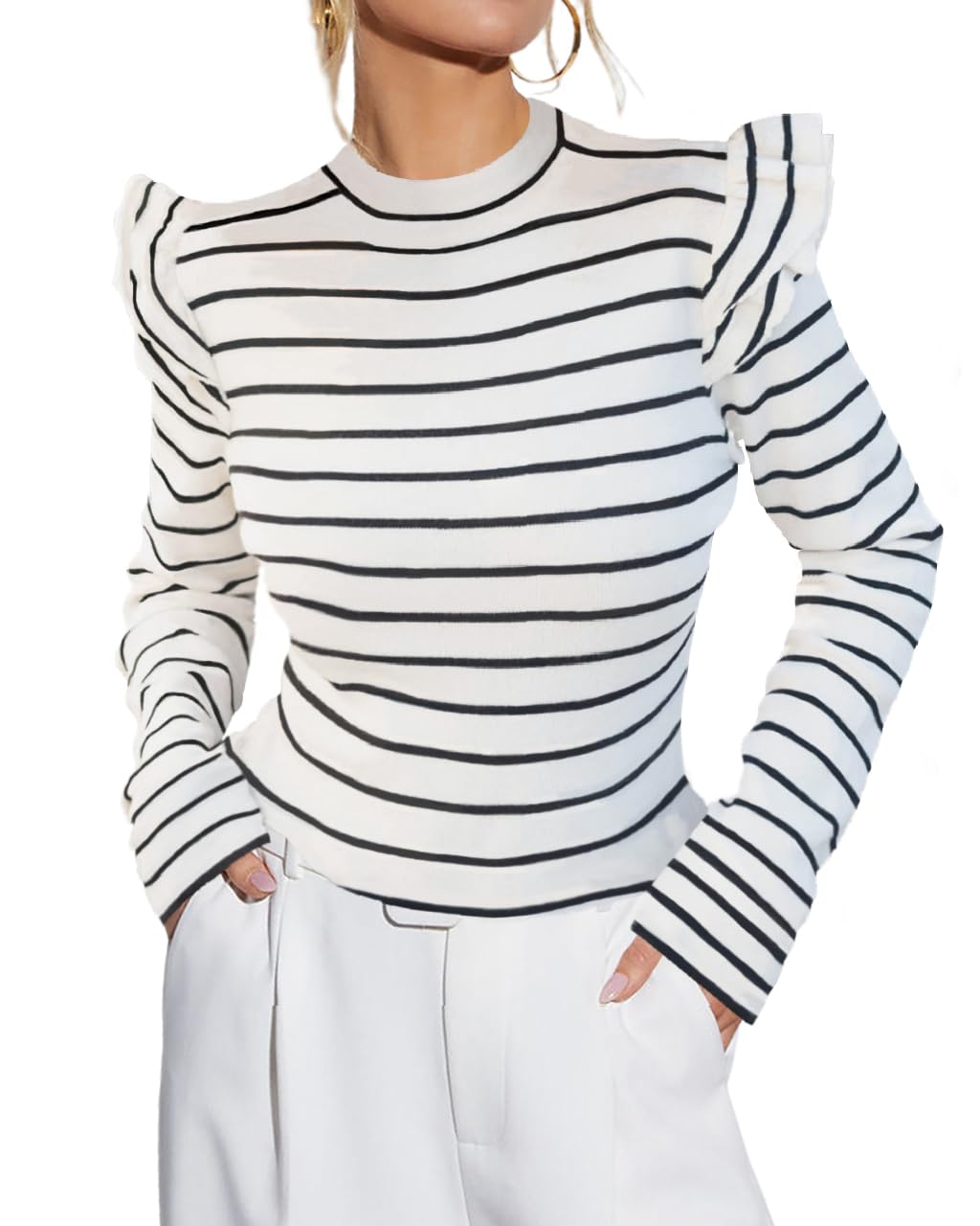 Ezbelle Women's Long Sleeve Ruffle Shirts Striped Rib Knit Blouse Slim Casual Office Trendy Fall Spring Tops 2025