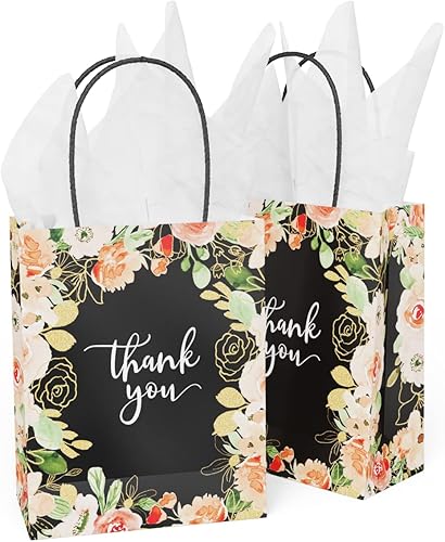 Paquete de 40 bolsas de papel pequeñas de 8 x 4 x 10 pulgadas con asas diseño floral bolsas de agradecimiento para negocios boutique regalos regalos