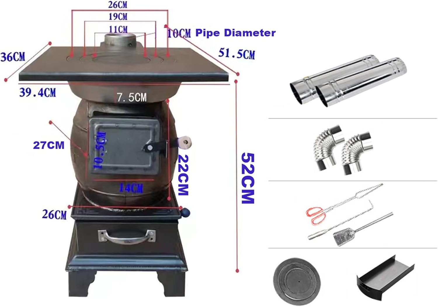 Indoor Wood-Burning Heating Stove, Thickened Cast Iron Rural Heating Stove, Smokeless Cooker,Energy Power Saving,for Tent, Shelter,Fishing, Heating And Cooking,With Smoke Pipe