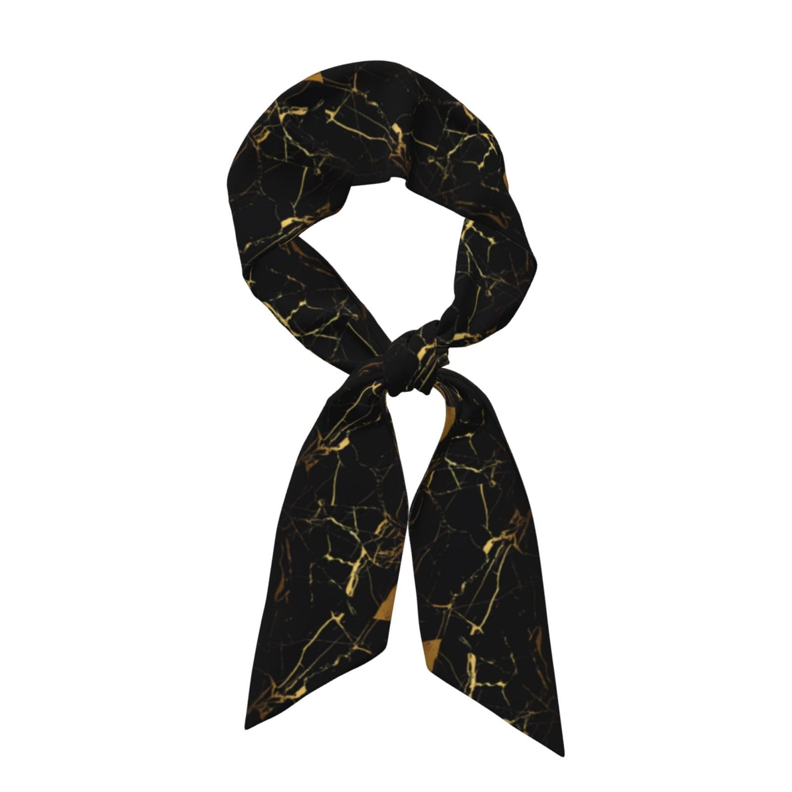 Whjshop Women's Black And Gold Background Printed Long Strip Silk Scarf For Soft And Smooth Strip, Handbag Accessories