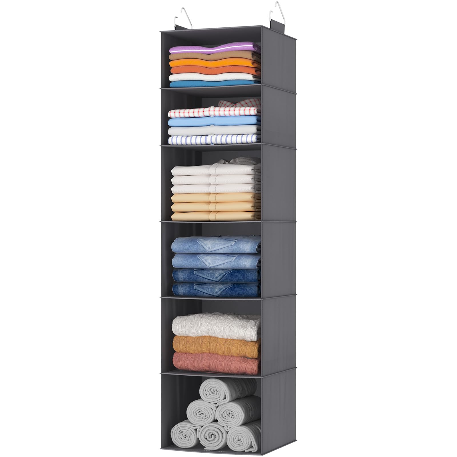 Lifewit Hanging Closet Organizer and Storage for Shelves, Wardrobe Foldable Clothes Storage Shelf with 2 Sturdy Hooks for Clothing Organization, Dorm Room Essentials, Grey, 6Tier