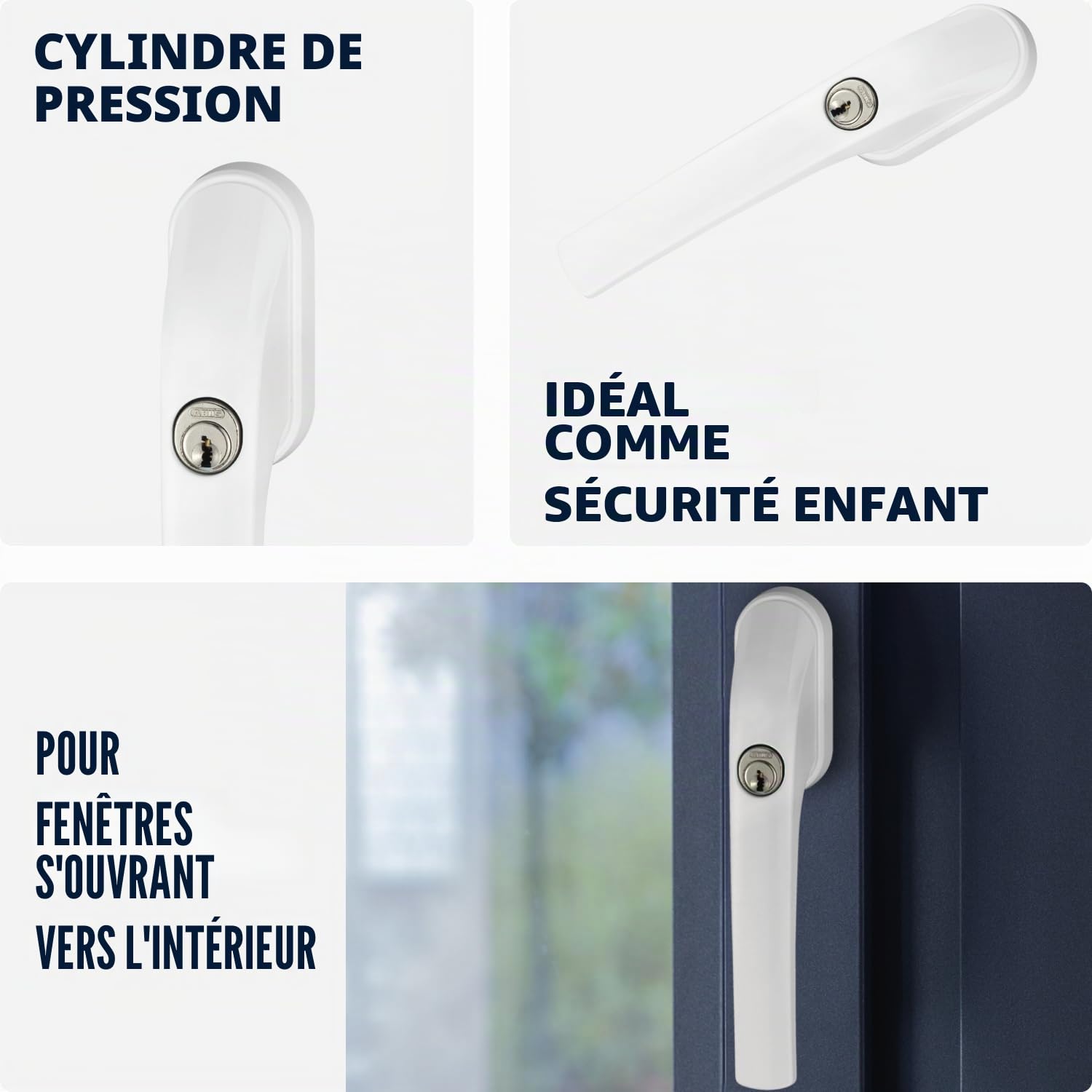 ABUS Poignée de Fenêtre Verrouillable FG300 - Bouton de Fenêtre avec Cylindre Poussoir, à Verrouillage Différent - Niveau de Sécurité 5-48518 - Blanc