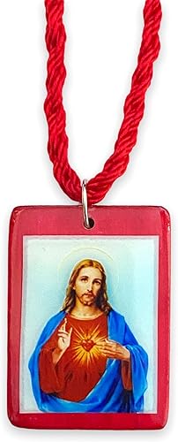 Sagrado Corazón de Jesús Escapulario de Madera Roja Collar Escapulario Rojo Madera Sagrado Corazon de Jesús, Madera, No es una piedra preciosa