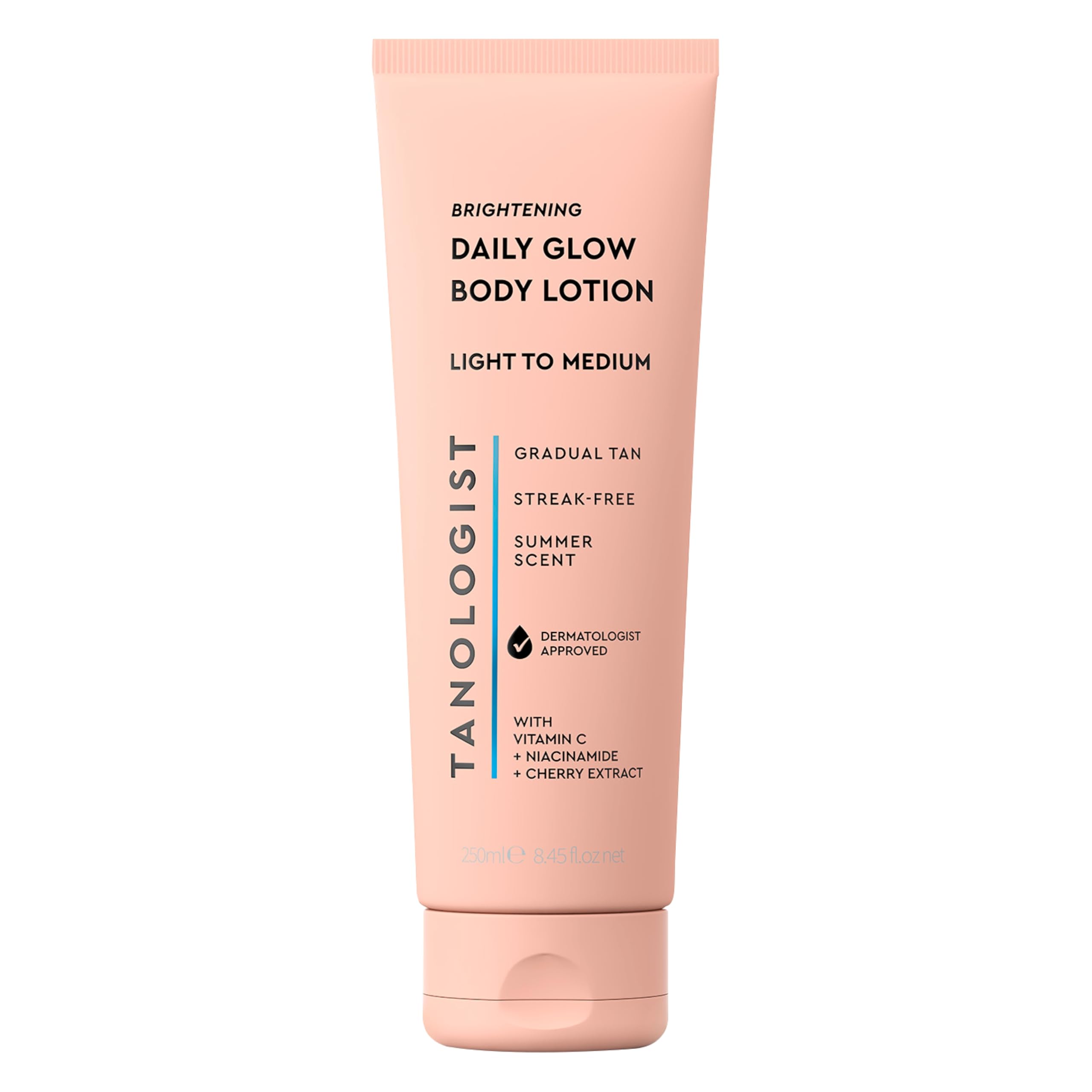 Tanologist Brightening Daily Glow Gradual Self-Tanning Lotion Fair to Medium, Lightweight Moisturizer with Vitamin C, Niacinamide & Cherry Extract, Buildable, Streak-Free, Hydrating, 250ml