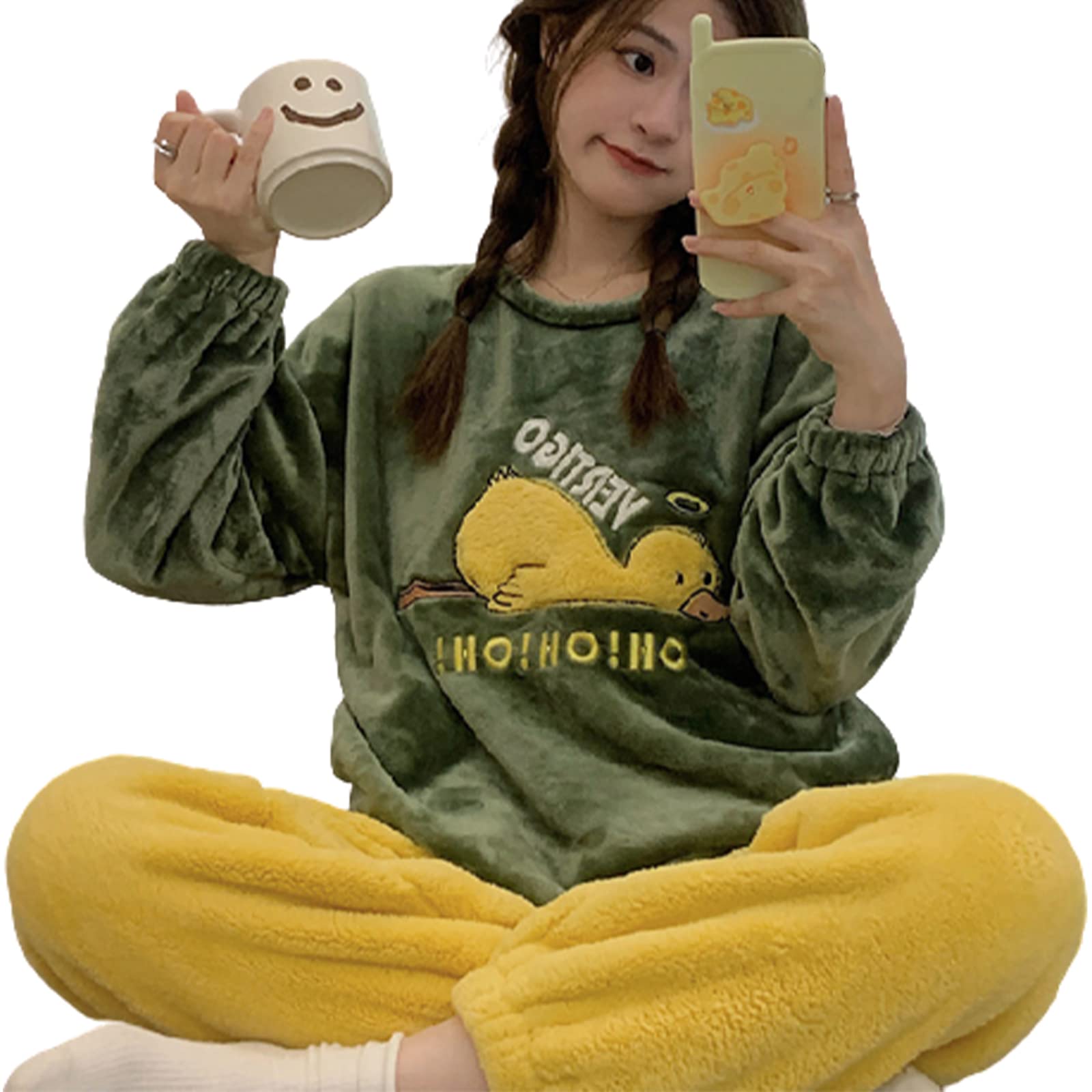 Winter Flanell Damen Pyjama Set, Langarm Oberteil, Elastische Taille, Hose, Anzug, Dicke, Warme, Weiche Nachtwäsche