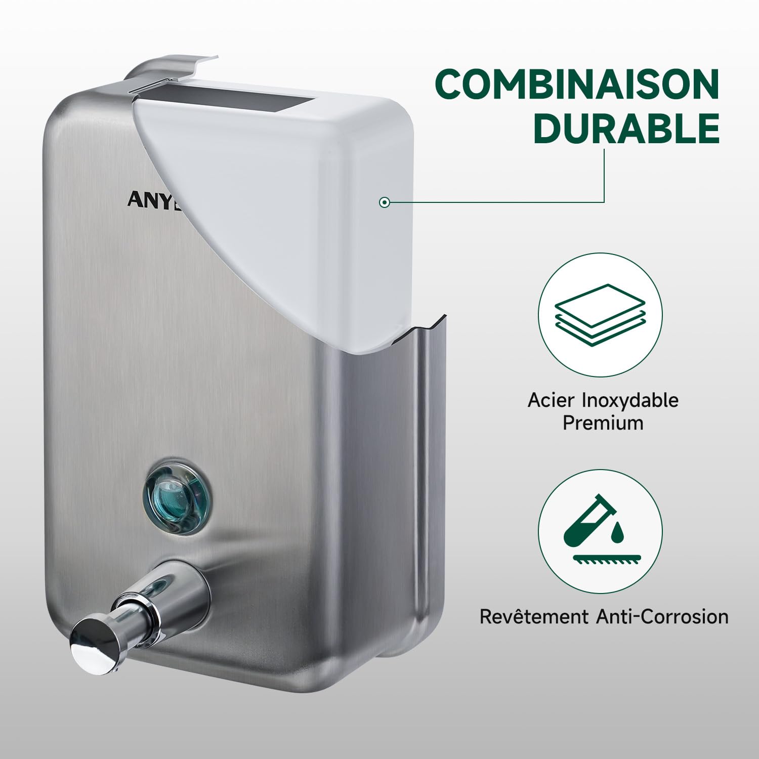 anydry Distributeur de Savon Manuel Professionnel 1100ml, Finition en Acier Inoxydable Durable, Mural pour Salle de Bain & Cuisine (Brossé)
