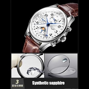 Guanqin Men Analog Automatic Self Winding Mechanical Wrist Watch with Stainless Steel/Leather Band Moon Phase (Silver Black-Cowhide)