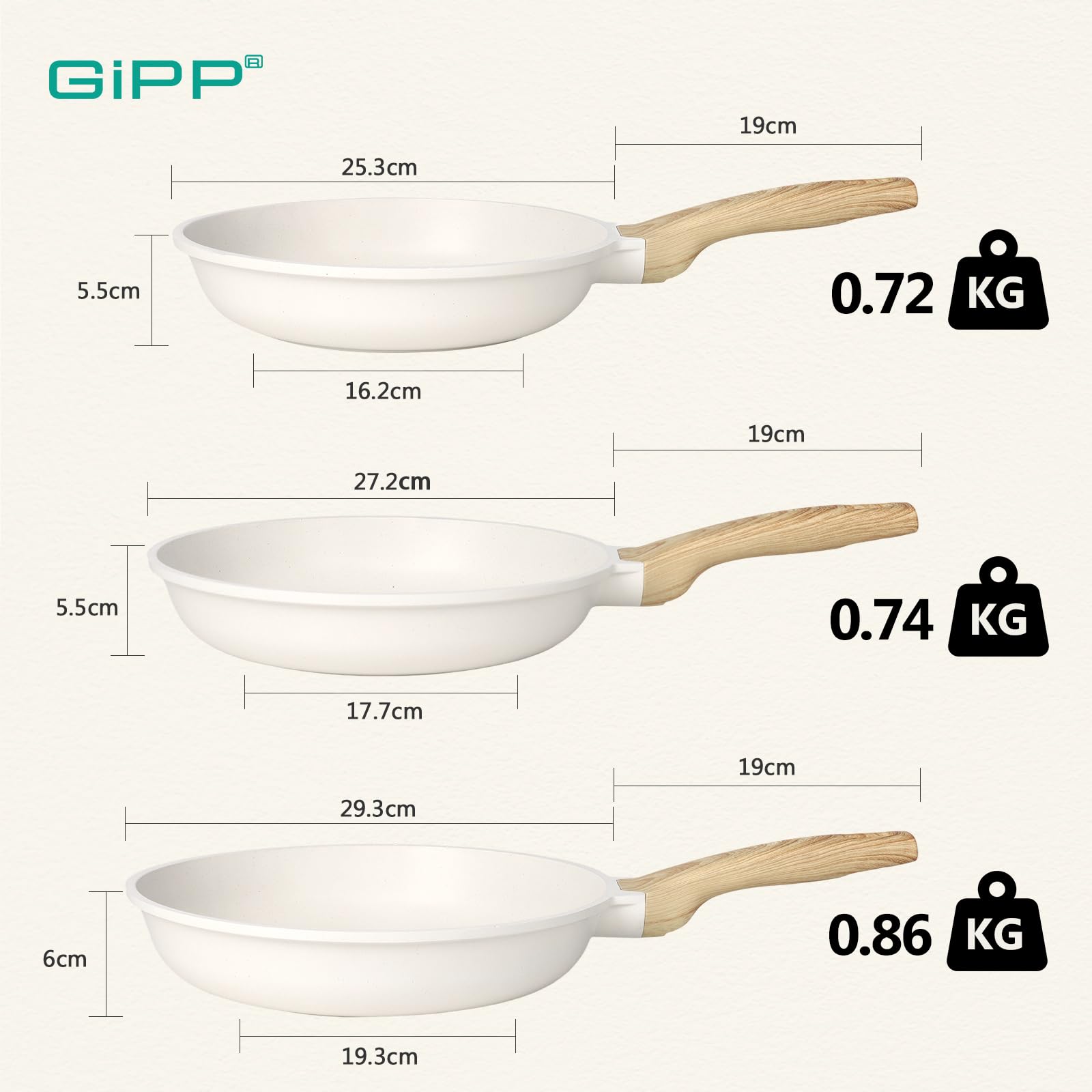 GiPP Ceramiczna patelnia nieprzywierająca, Zdrowa i nietoksyczna patelnia do smażenia, kompatybilna z indukcją, bez PFAS i PFOA, nadaje się do zmywarki (biały, 24+26+28cm)