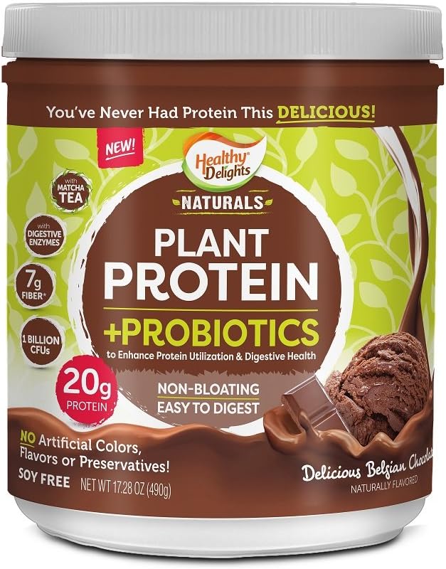 Healthy Delights Naturals, Plant Protein & Probiotics, 20g of Protein with Digestive Enzymes, Belgian Chocolate, 17.28 OZ, 490 Grams