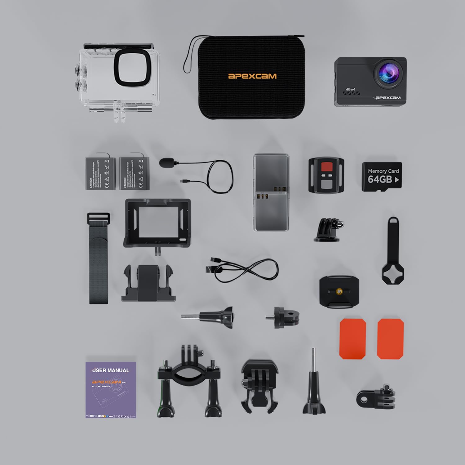 Apexcam M90 Action Cam 4K60FPS 64MP WLAN EIS Bildstabilisierung Sportkamera 40m Wasserdicht 8X Zoom 2.4G Fernbedienung 2x1350mAh Akkus