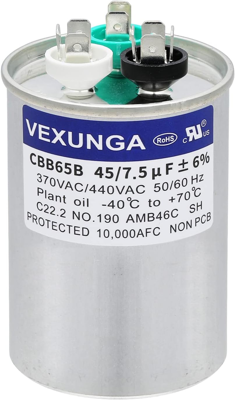 VEXUNGA 45/7.5 uF 45+7.5 MFD 370V or 440V Dual Run Start Round A/C Capacitor CBB65 CBB65B Air Conditioner Capacitors for AC Unit Fan Motor Start or Heat Pump or Condenser Straight Cool