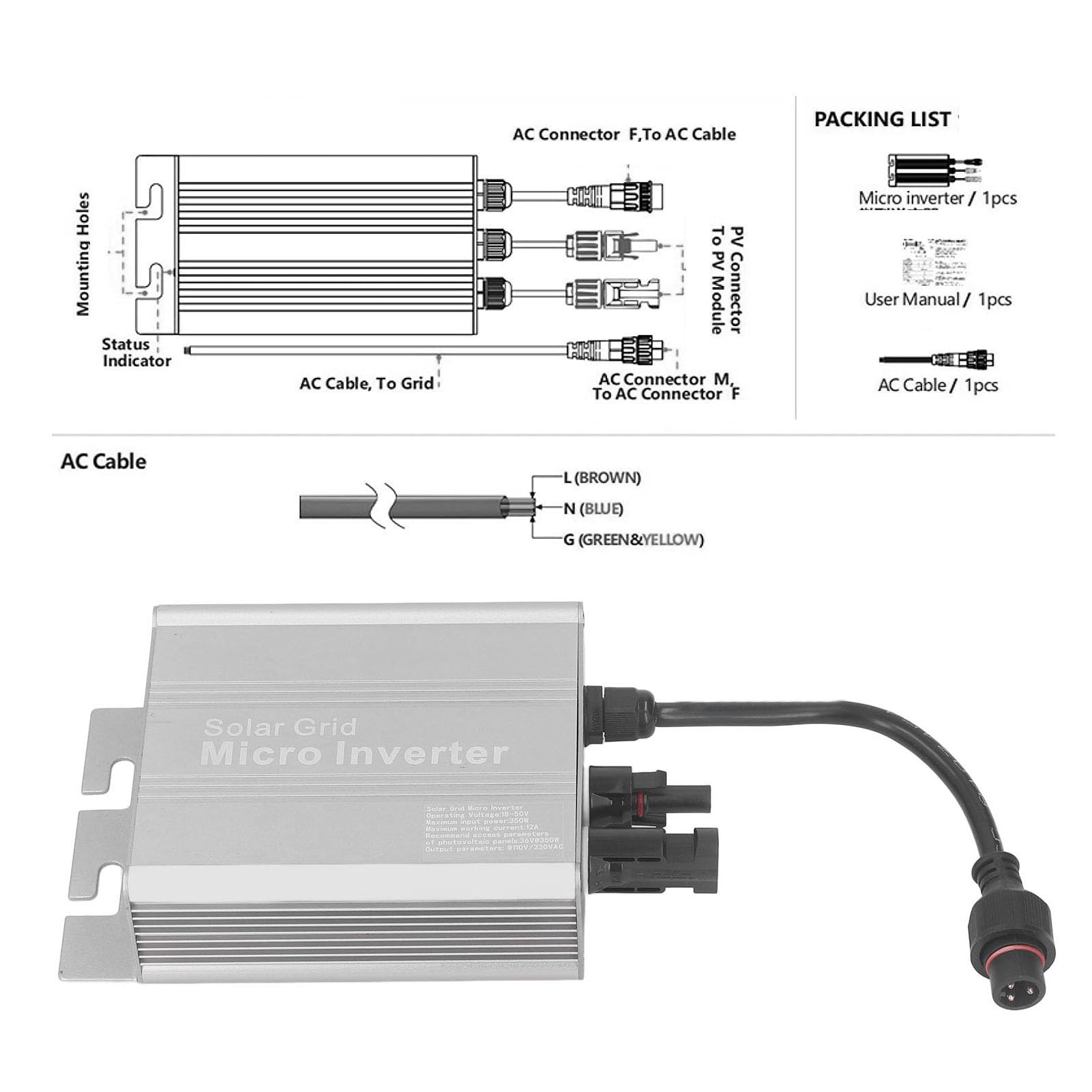 Hyuduo Kompakter Solar-Mikro-Wechselrichter IP65, Aluminiumlegierung, Hocheffiziente MPPT-Technologie, Ideal für Wohnmobile und Schiffe, 260 W (260W)