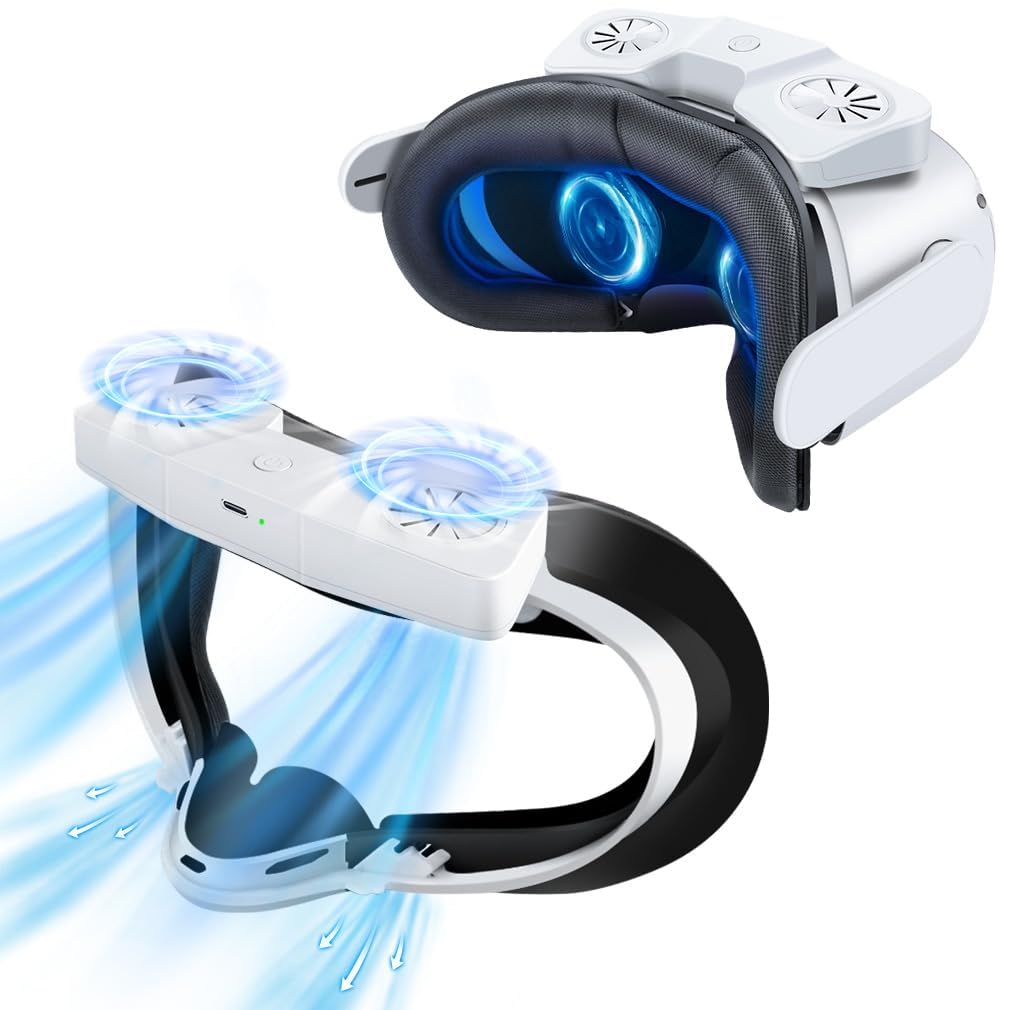 VR Cooling Fan for Oculus Quest 2, VR Air Circulation Cooler Fan with 2 Speed Double Fan-Sweat Proof PU Leather Face Cover, Compatible with VR Accessories Fan, Relieve Lens Fogging and Hot Air