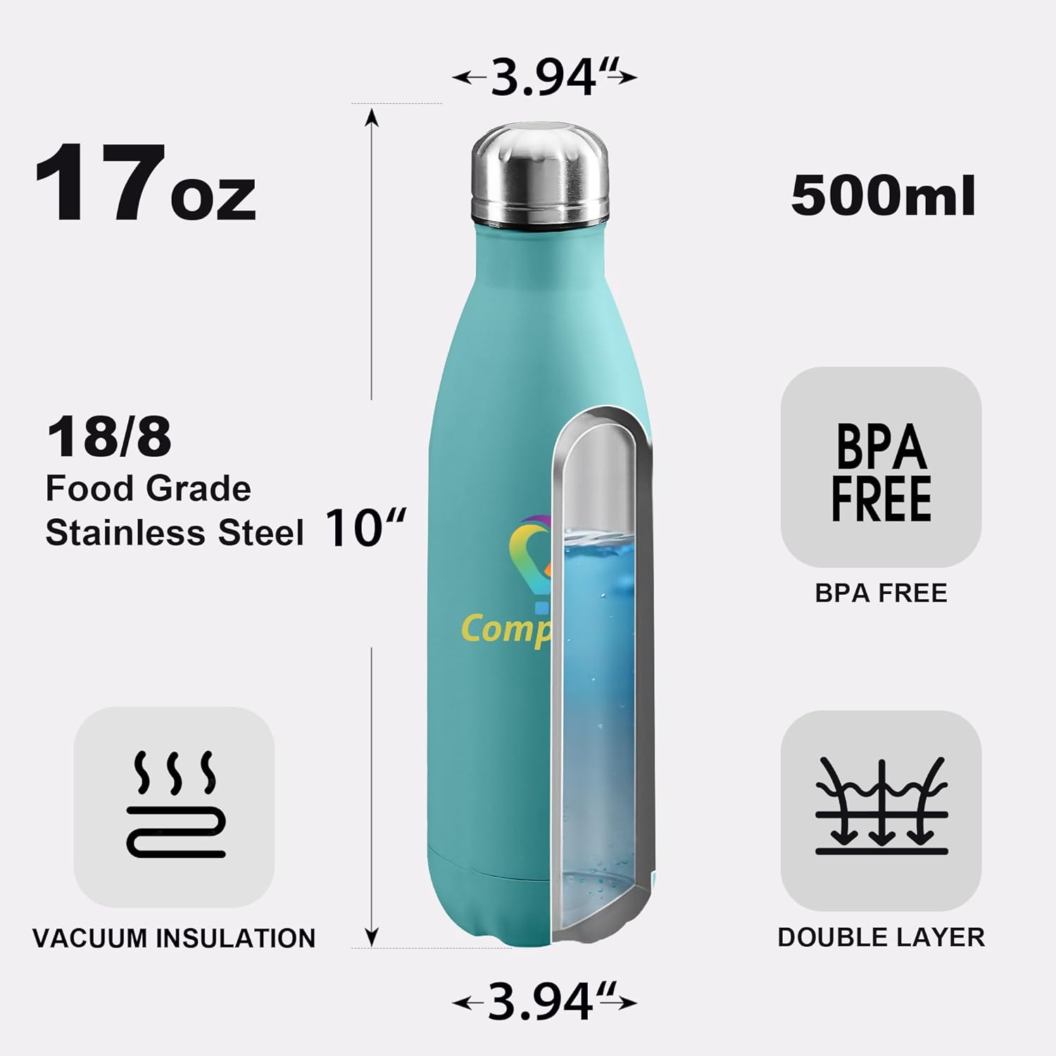 Personalized Custom Water Bottles 17oz Stainless Steel Double Wall Insulated Leakproof Cups for Sports Outdoors With Colorful Text Logo Print in USA - Image 3