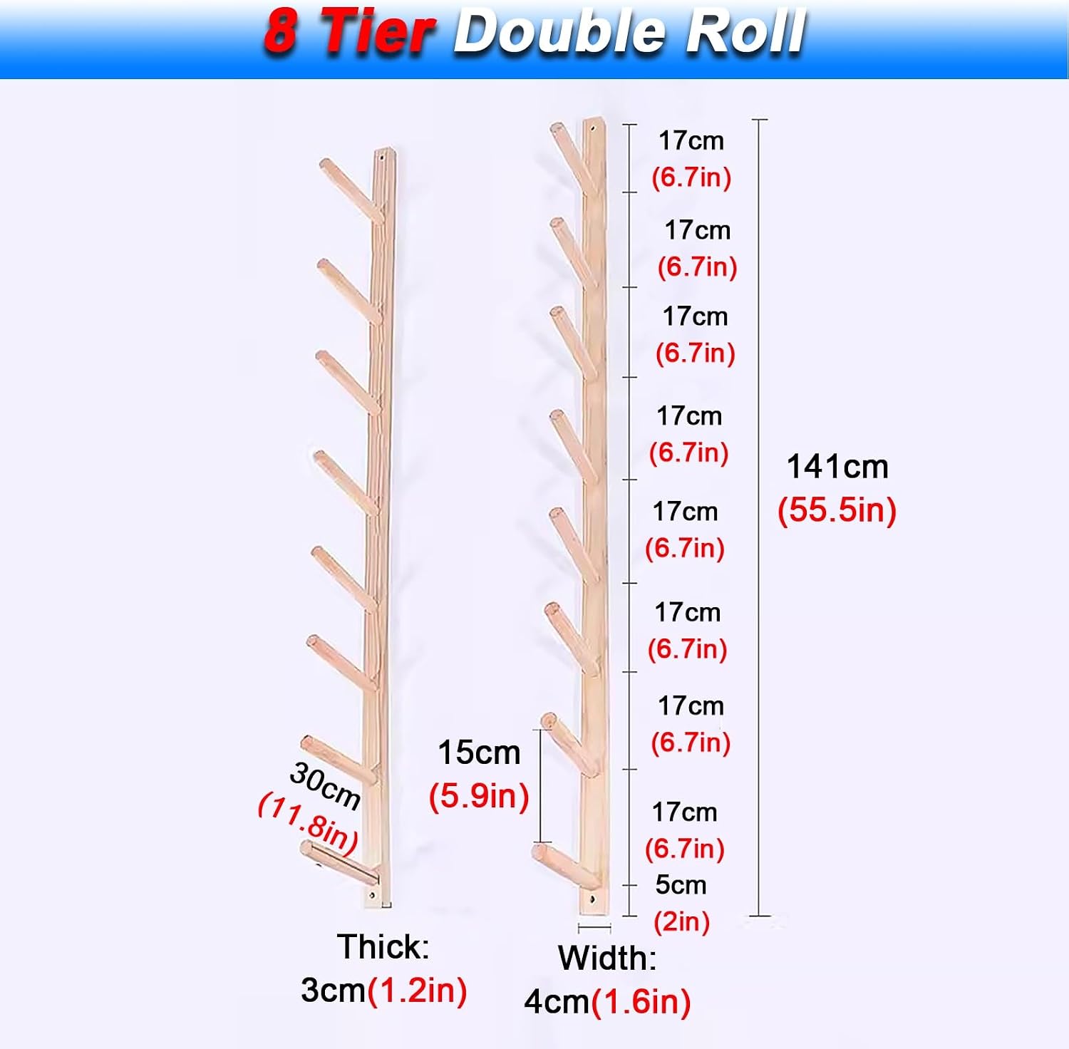 8-Tier Wood Yoga Mat Wall Holder - Storage Rack for Exercise Mats & Foam Rollers, Anti-Fall Design, Ideal for Garage Gym, Club, School Sports Equipment - Holds 16 Mats image 2