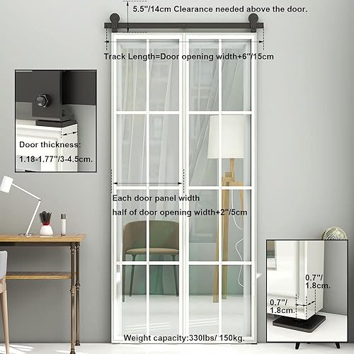 Miniatura 7 de Kit de rieles de puerta corrediza de granero plegable de 36 pulgadas, suave y silencioso, rodillo negro montado en la parte superior, fácil de