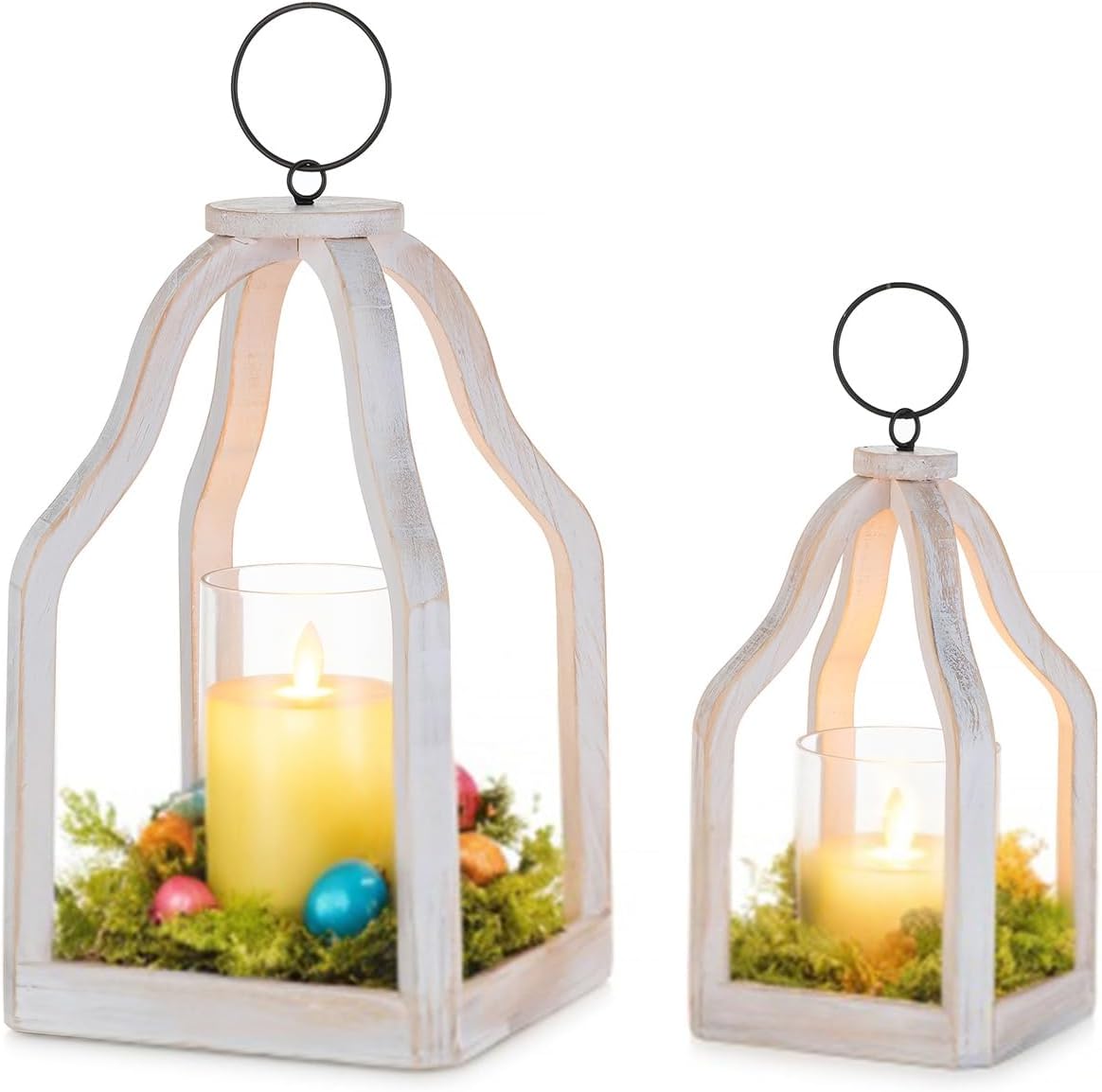 Romadedi Farmhouse Decorative Lantern Wooden - Set of 2 Rustic Wood Lanterns Candle Holder for Wedding Table Centerpieces Indoor Outdoor Fireplace Mantle Home Decor, Whitewashed