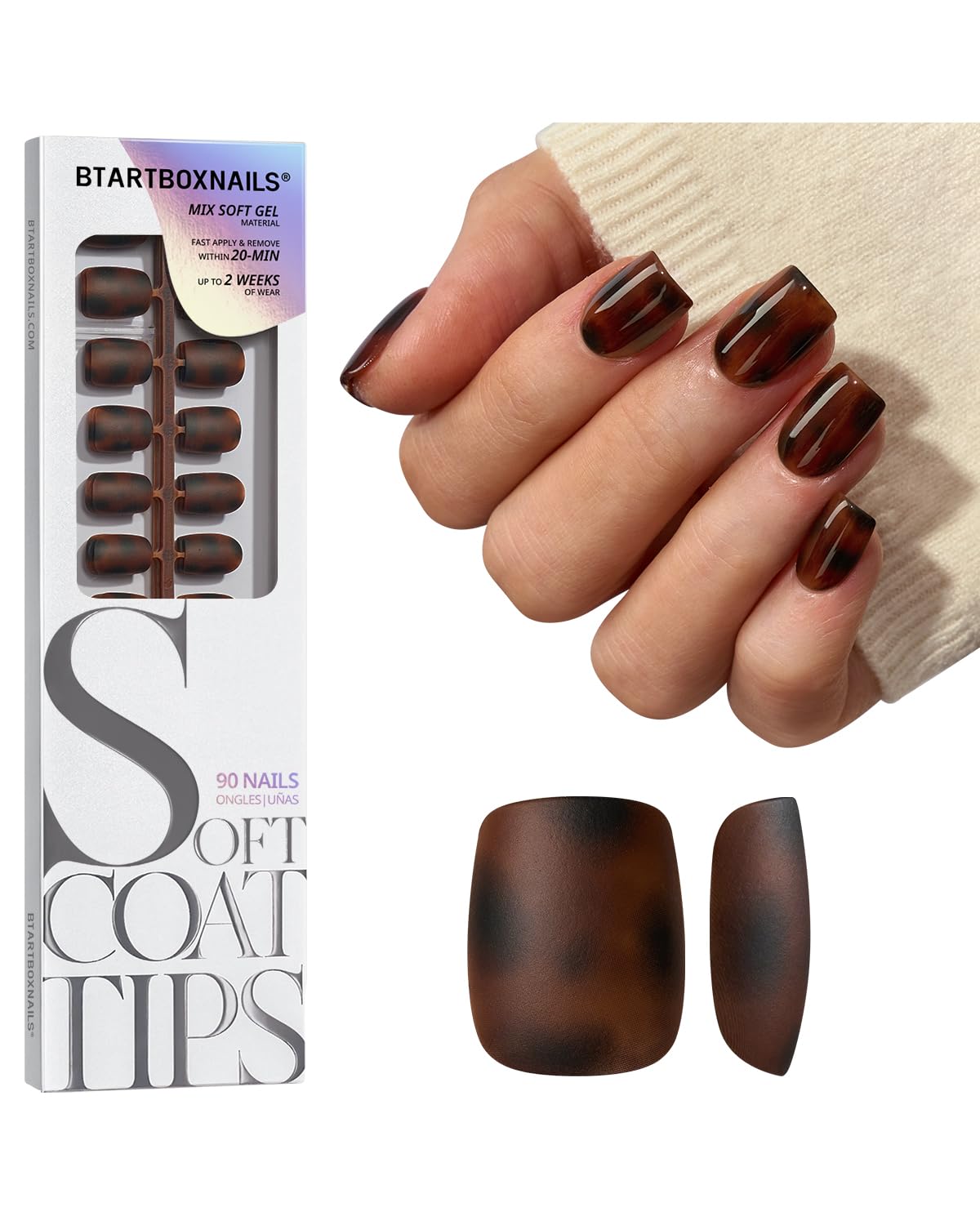 BTArtboxnails SOFTCOATTIPS Press On Nails - Tortoiseshell Almond Press On Nails Short, 96Pcs Salon Quality Soak Off Soft Gel Nail Tips in 16 Sizes