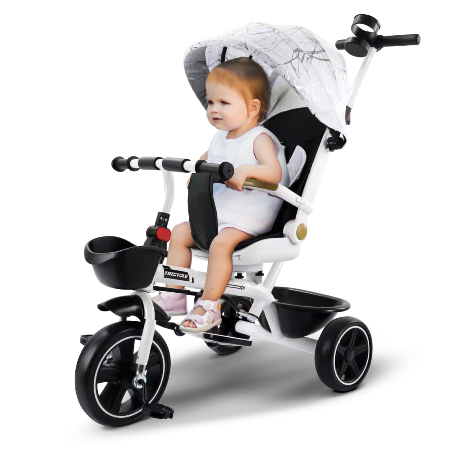 Baybee Tricycle for Kids with Parental Push Handle, Canopy, 360 ° Swivel Seat & Cup Holder | Kids cycle | Toddler Tricycle for Baby 1 to 5 Years Boys Girls (White)