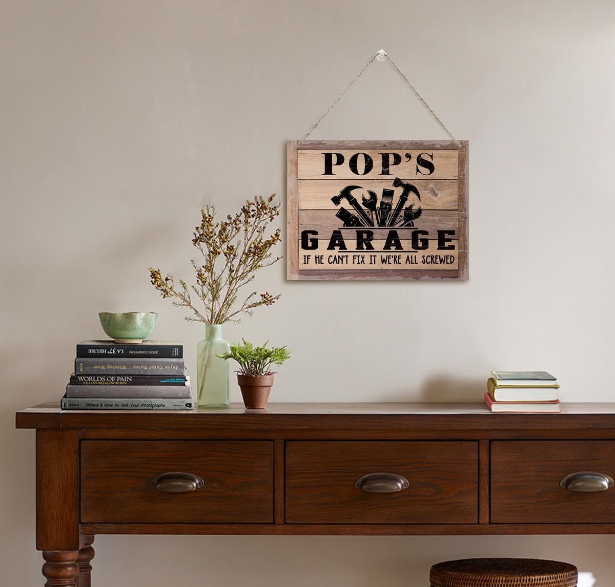 Rustic Sign, Father's Day Gift, Dad's Gift, Grandpa's Gift, Decor Hanging Wood Signs, Printed Wood Wall Art Sign, Pop's Garage, If He Can't Fix It We're All Screwed, Vintage Sign Gift for Grandpa - Image 4