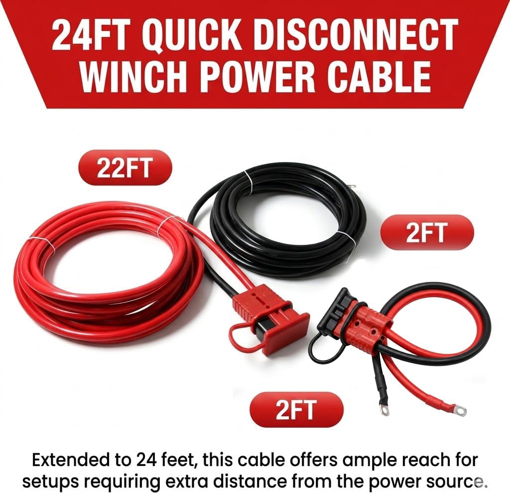 24FT Winch Wiring Kit 4 Gauge 4 AWG Pure Copper Power Cable with Heavy Duty Quick Disconnect Connectors for Off-Road Towing and Utility Trailers