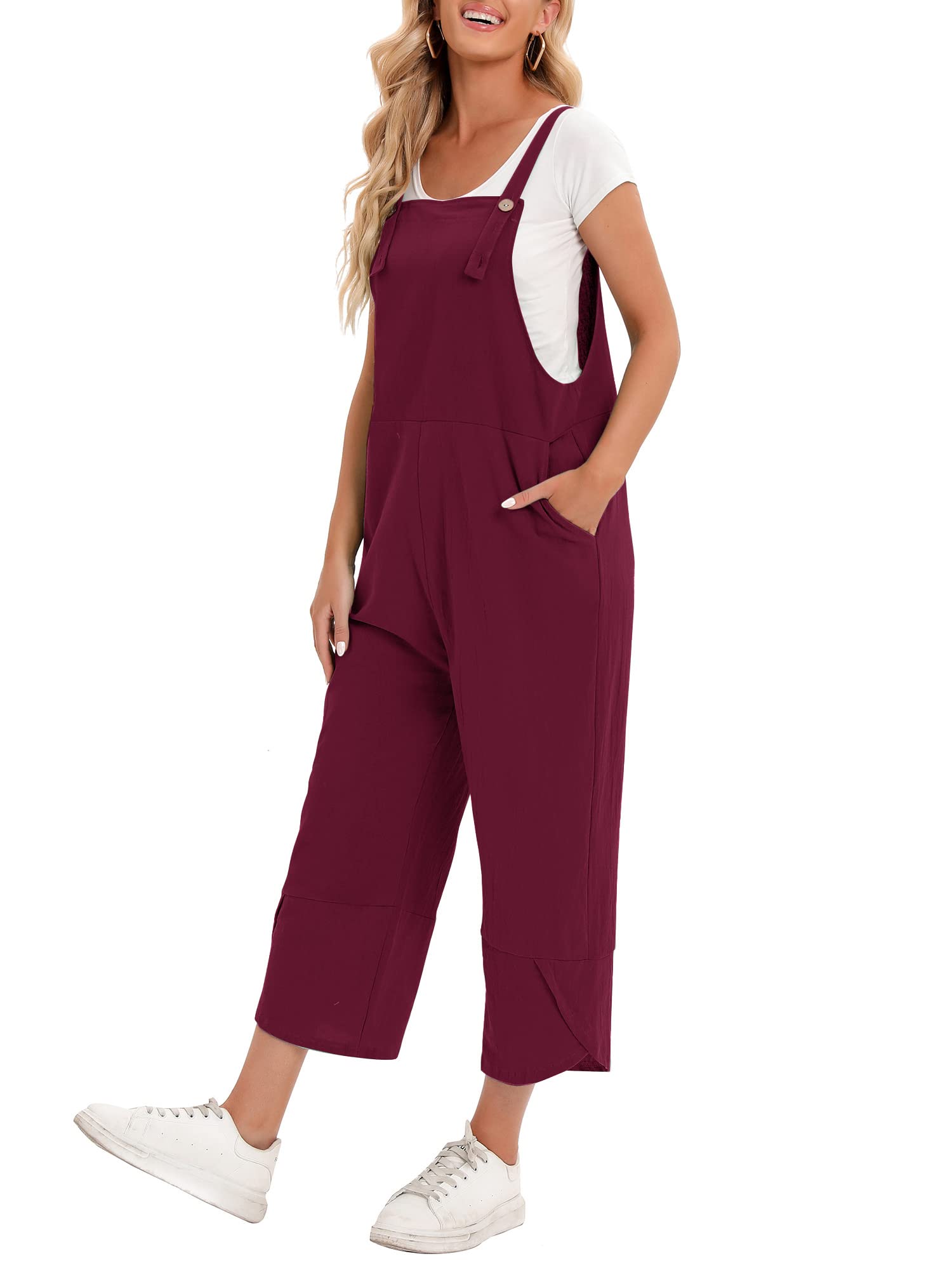 Versear Peto Suelto con Bolsillos y Botones de Color Liso para Mujer Mono Holgado de Lino Mono Holgado Retro Oversize Pantalones de Pierna Ancha de algodón Informal Mameluco de Gran tamaño