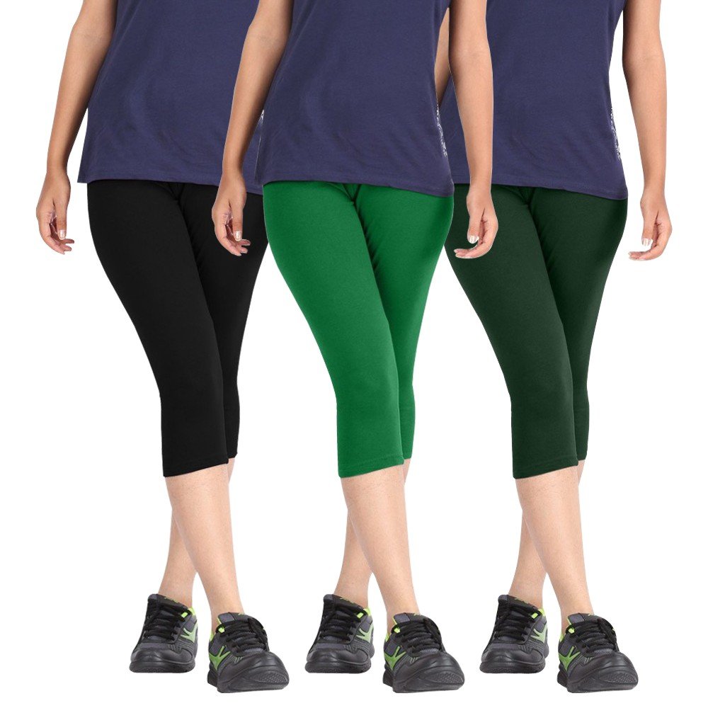 Biowashed Cotton Stretchable Capri Legging Combo Pack of 3 for Women/Girls/Ladies (Black, Green and Dark Green) - Free Size-picture-21