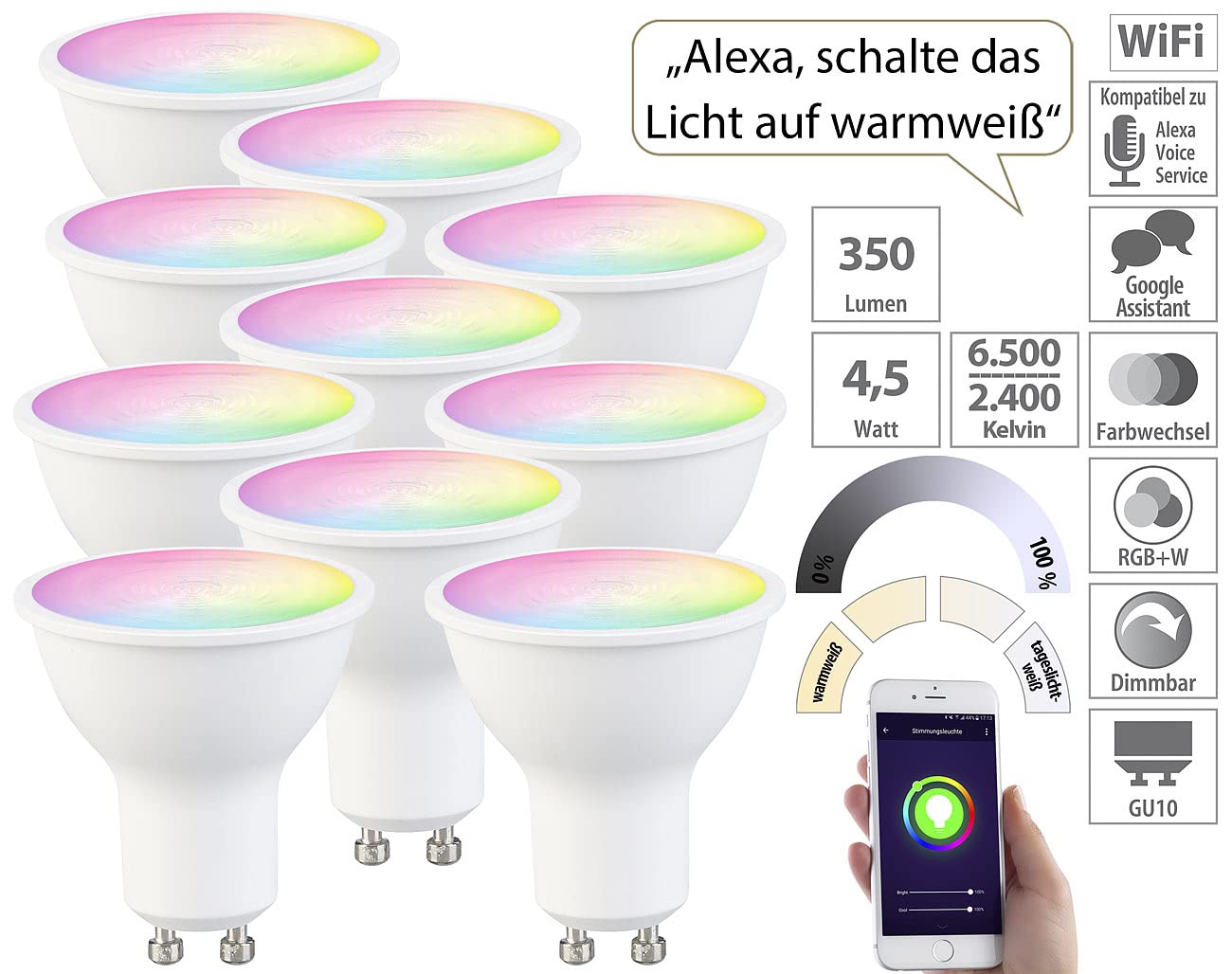 Luminea Home Control Led Einbaustrahler: 10er-Set WLAN-LED-Spots, GU10, RGB-CCT 4,5Watt, 326 lm, 45°, App (Wlan Led Lampe, Alexa GU10-LED, Wohnzimmerleuchten)