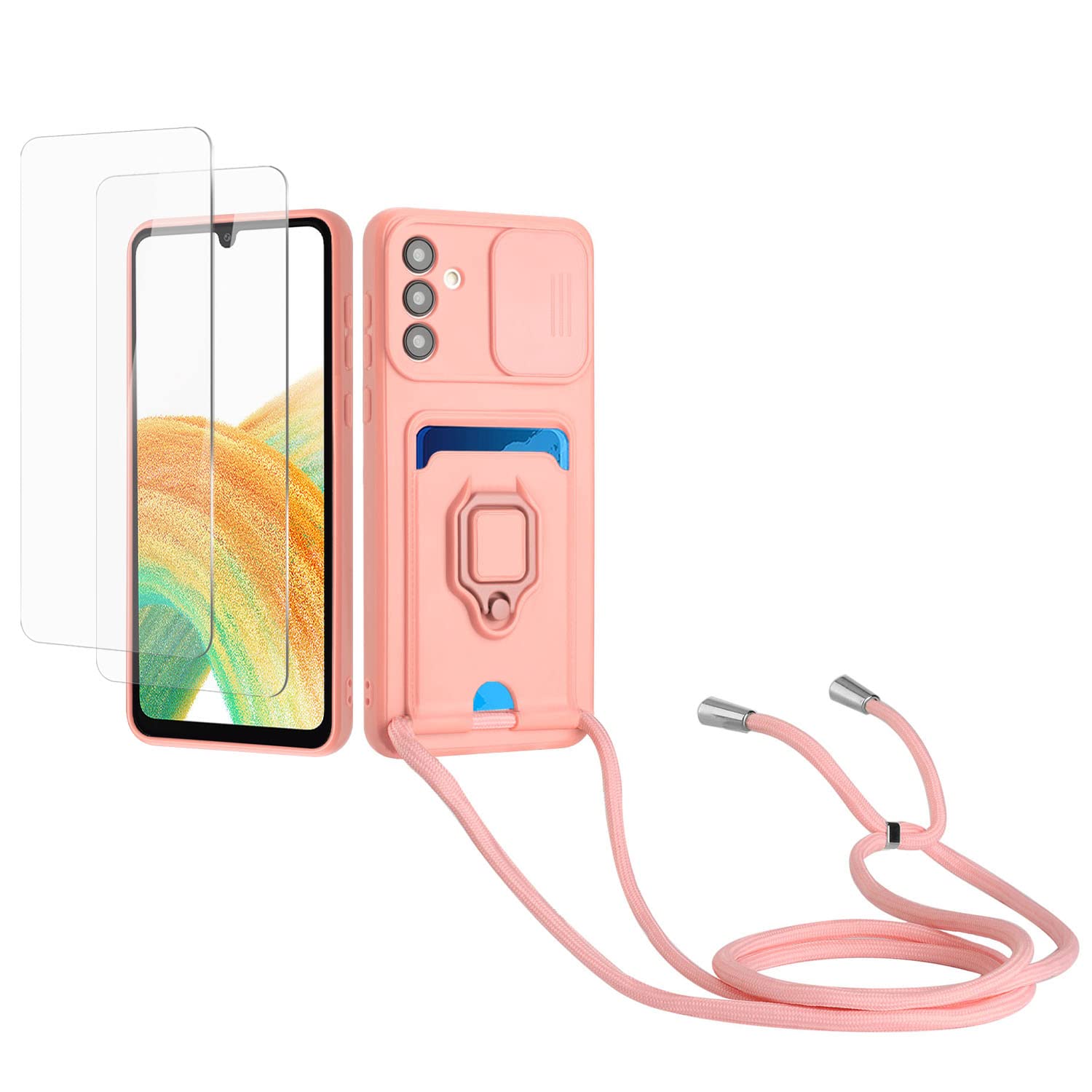 Kaslly Funda con Cuerda para Samsung Galaxy A35+[2 Pack Protector Pantalla],Case con Ranura para Tarjetas,Cubierta de Cámara Deslizante Proteger,Doble Cara Protección-Negro — view 45