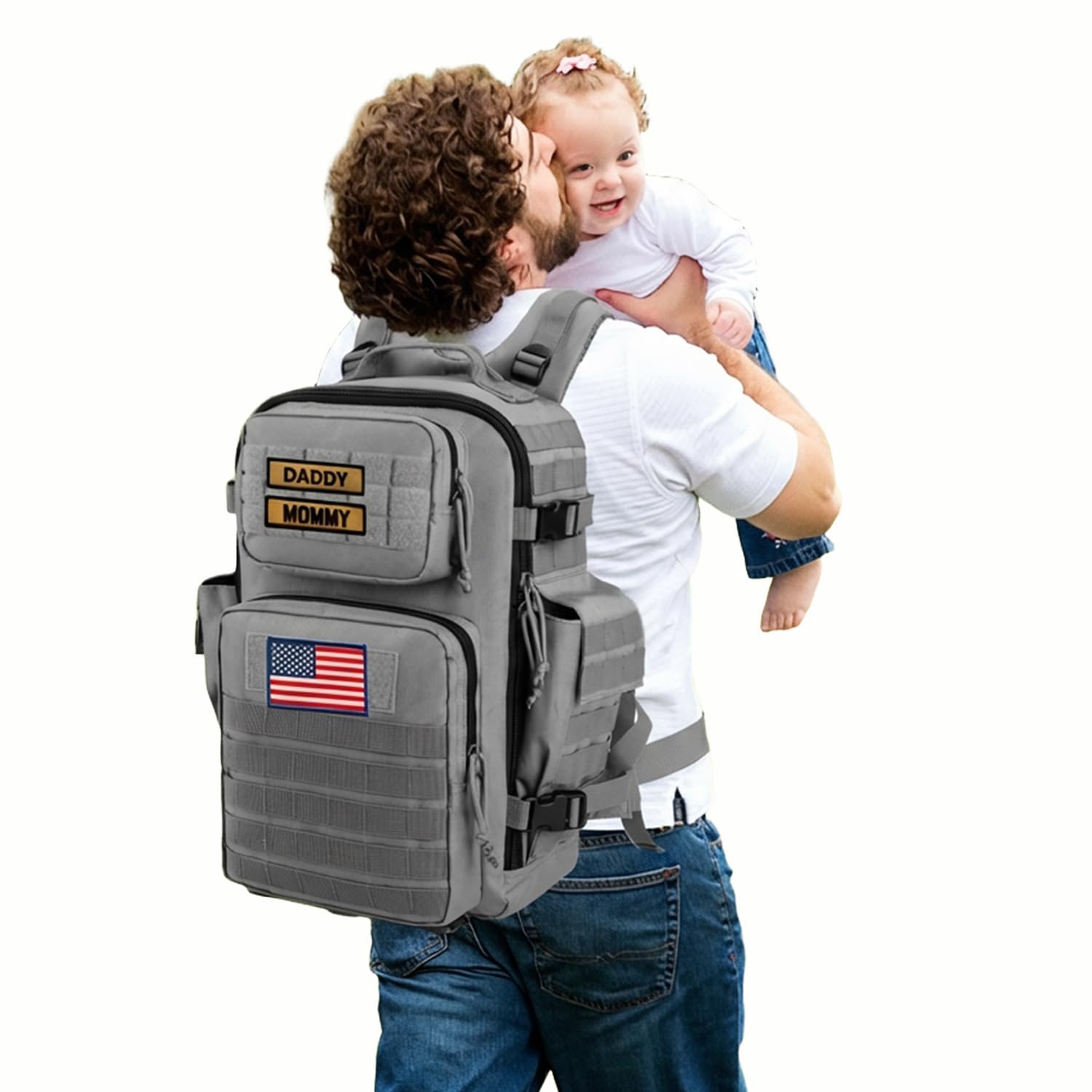 SHARKMOUTH Baby Diaper Bag for Dad - Military Diaper Backpack with Patches for Outdoor Hiking Travel Camping Park - Baby Shower Gifts Gray