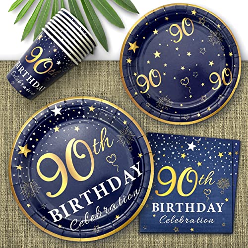 Image of 90th Birthday Decorations Plates and Napkins Blue and Gold, Service for 30, 90th Birthday Party Bundle Supplies Includes Navy Blue Plates, Napkins, Cups for Men Women