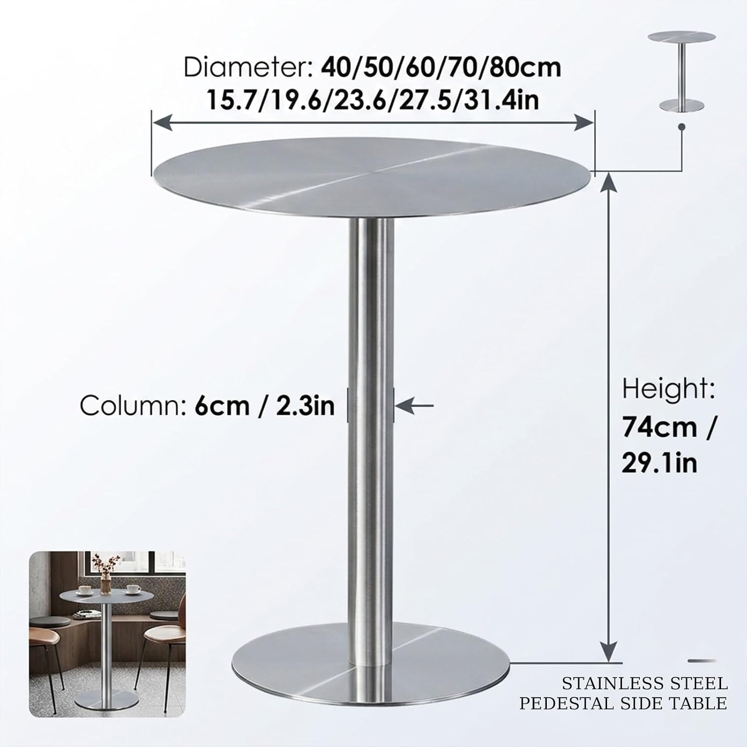 Modern Stainless Steel Round Bar Table for Home Kitchen, Minimalist Stainless Steel Side Table & Round Cocktail Table for Cafe & Living Room Decor(Round Table,15.7in/40cm)