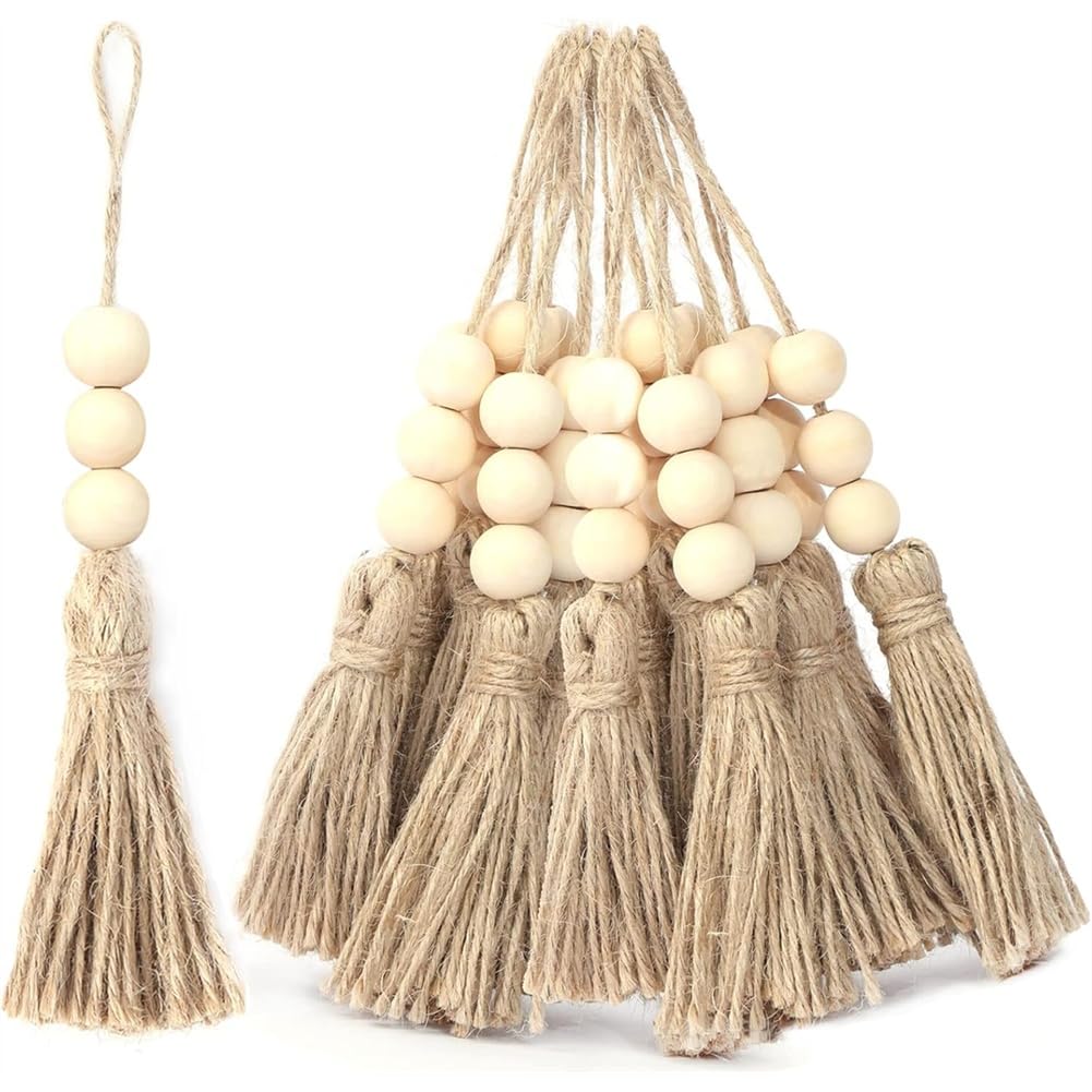 IJSDNVJNDX 20 Pack Jute Rope Tassel 3 Wood Beads Farmhouse Beads with Tassel Ornaments Hanging Decoration HempRope Burlap Tassels Wood Beads Garland Project Wedding Home Party Decorations