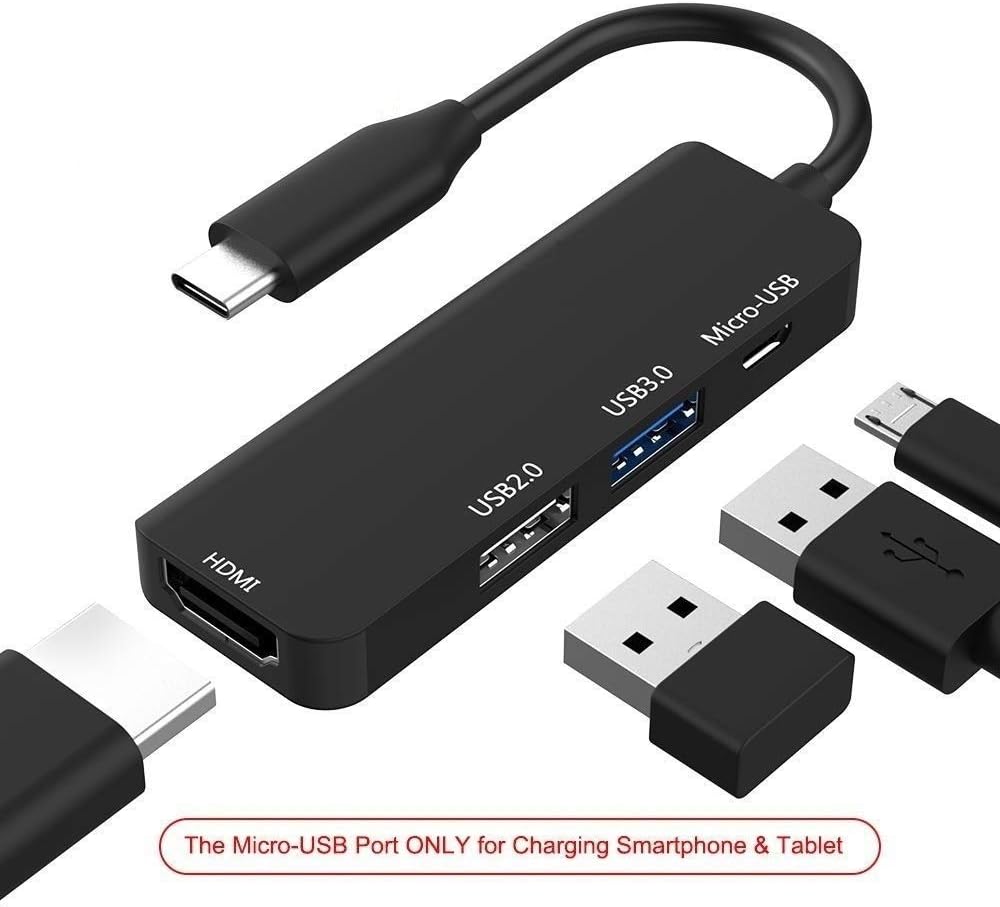 NSinc - USB 3.1 Type C to HDMI 4 in 1 Combo Hub (HDMI + USB3.0 + USB2.0 + Micro USB) for MacBook Pro/Chromebook Pixel/Samsung Galaxy S8/S8 Plus (Black)