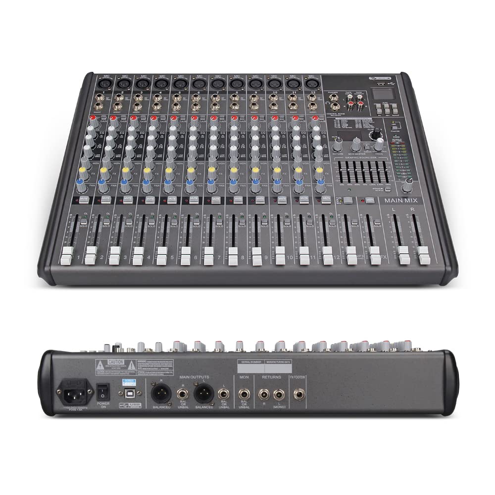 Mezclador de audio for DJ 12 canales con MP3, USB, Bluetooth, alimentación fantasma 48 V, 16 efectos eco DSP, mezclador profesional 7 bandas for conciertos